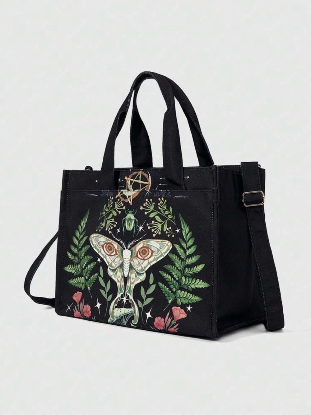 Woman’s Black Goth/Fairycore Print Tote Bag w/ Adjustable Straps - Picture 10 of 12
